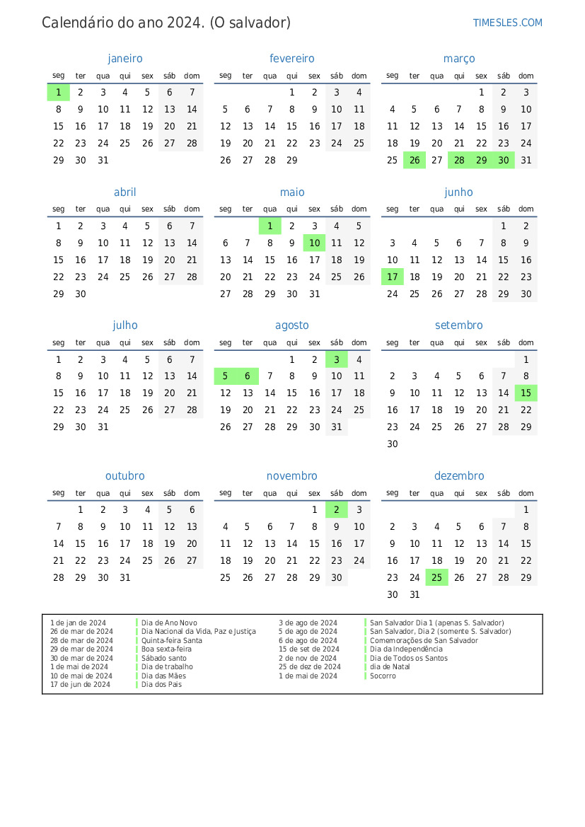 Calendário 2024 com feriados em el salvador Imprimir e baixar calendário