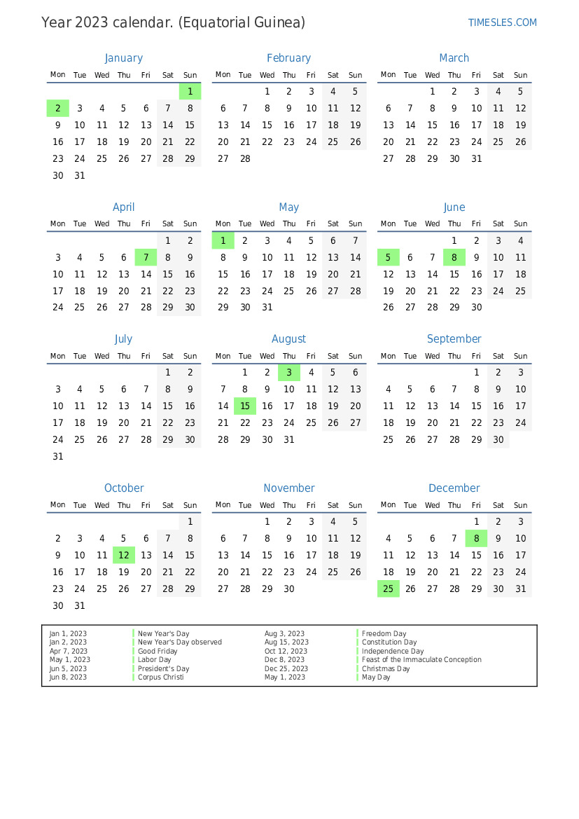 Calendar For 2023 With Holidays In Equatorial Guinea Print And Download Calendar 0424