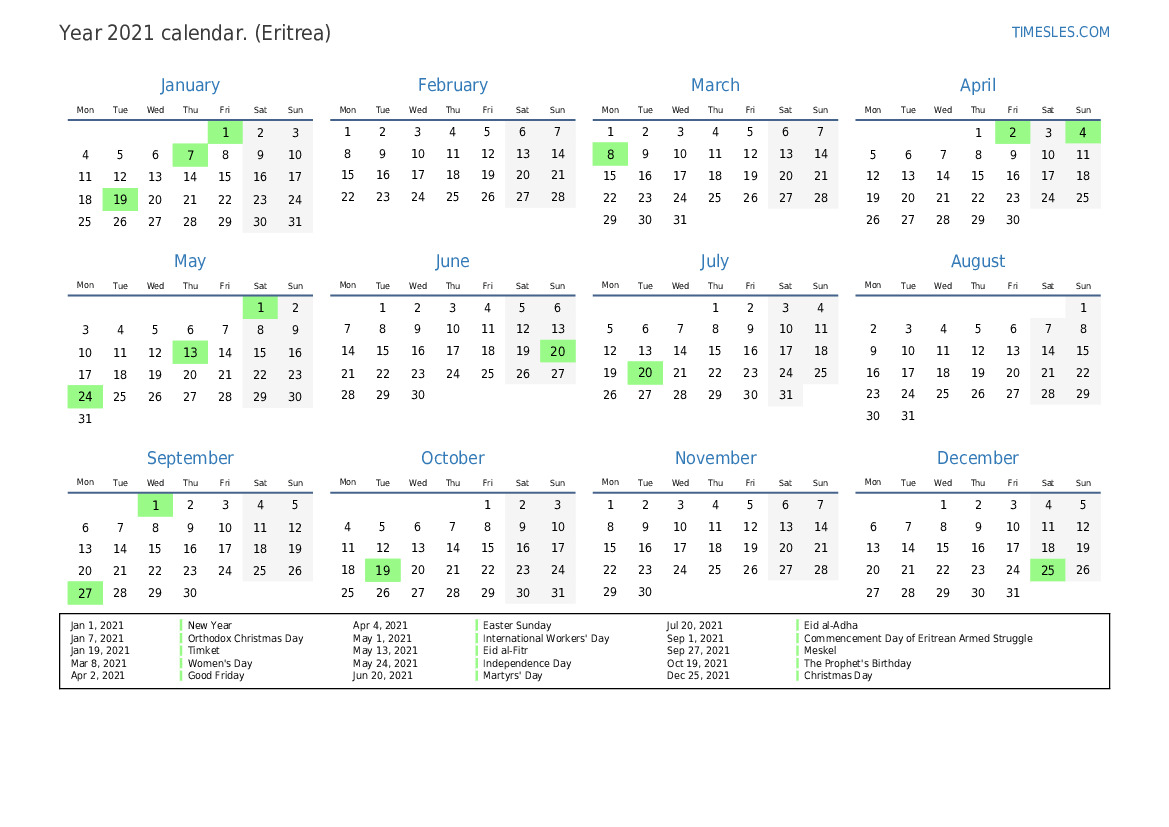 Calendar for 2021 with holidays in Eritrea Print and download calendar