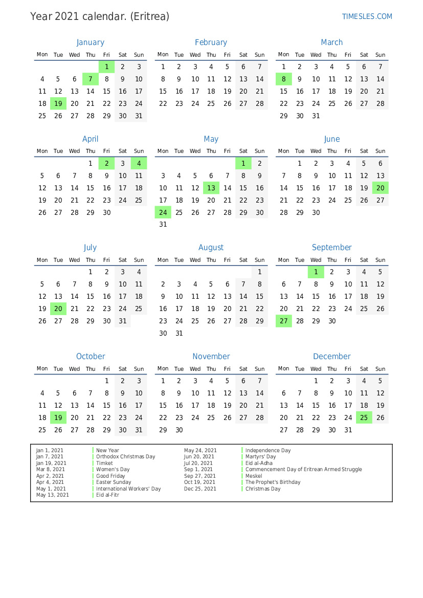 Calendar for 2021 with holidays in Eritrea Print and download calendar
