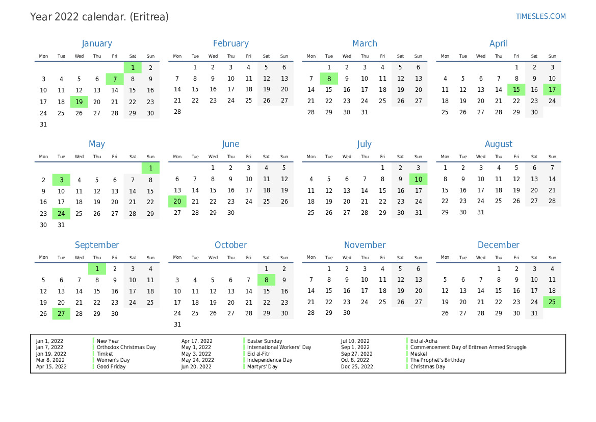 Orthodox Calendar 2022 Calendar For 2022 With Holidays In Eritrea | Print And Download Calendar