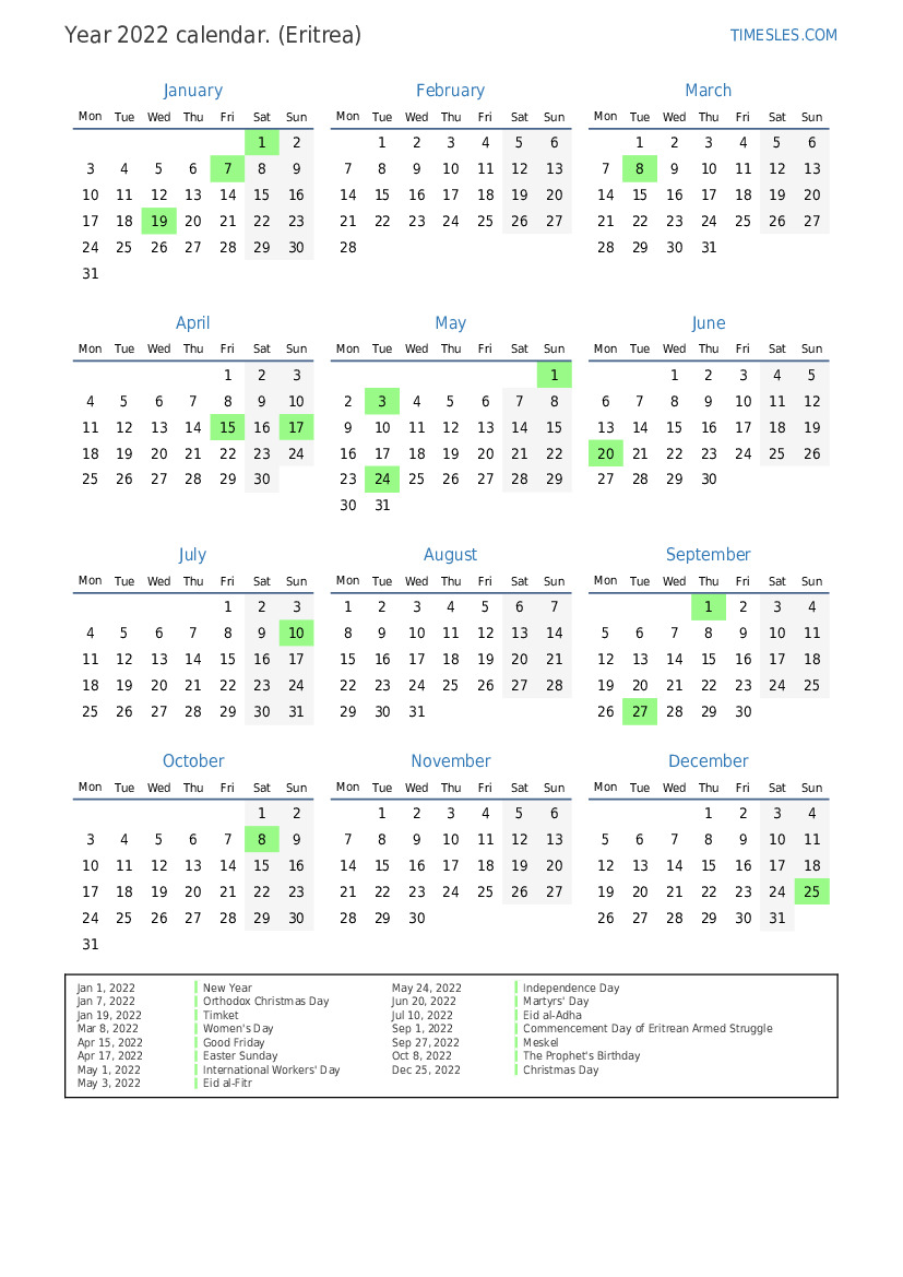 Orthodox Easter 2022 Calendar Calendar For 2022 With Holidays In Eritrea | Print And Download Calendar