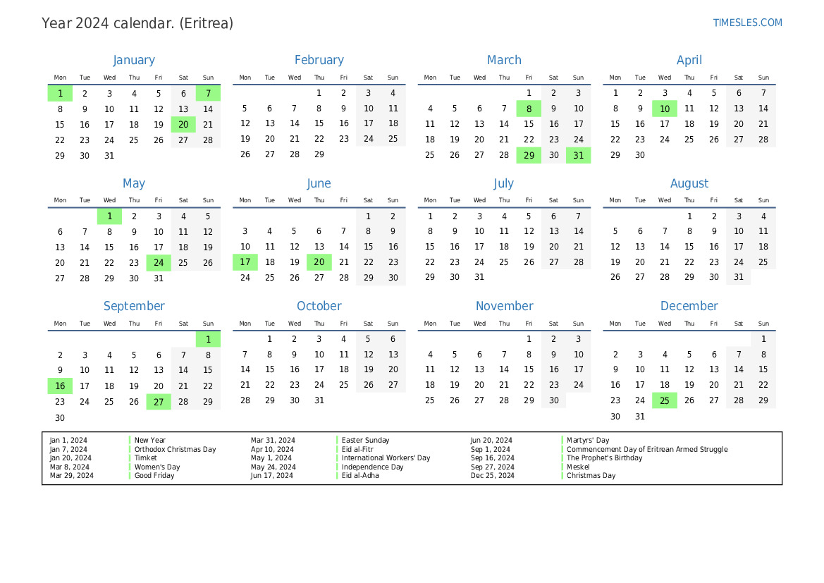 Calendar for 2024 with holidays in Eritrea Print and download calendar