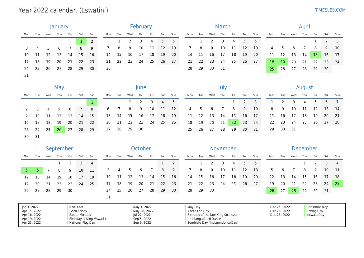 Calendar for 2022 with holidays in Eswatini | Print and download calendar