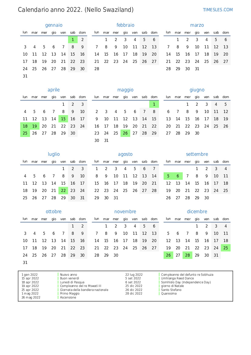 Calendario per il 2022 con giorni festivi in Eswatini | Stampa e