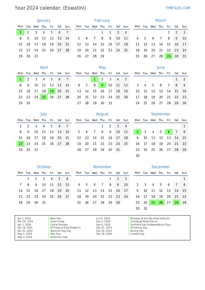 Calendar Yearly 2024 P En Eswatini 65 