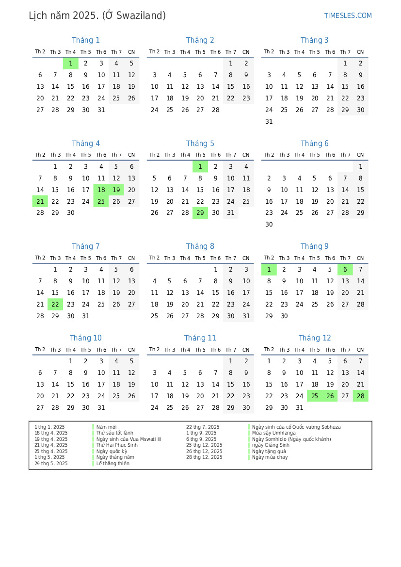 Lịch cho năm 2025 với các ngày lễ ở Eswatini | In và tải xuống lịch