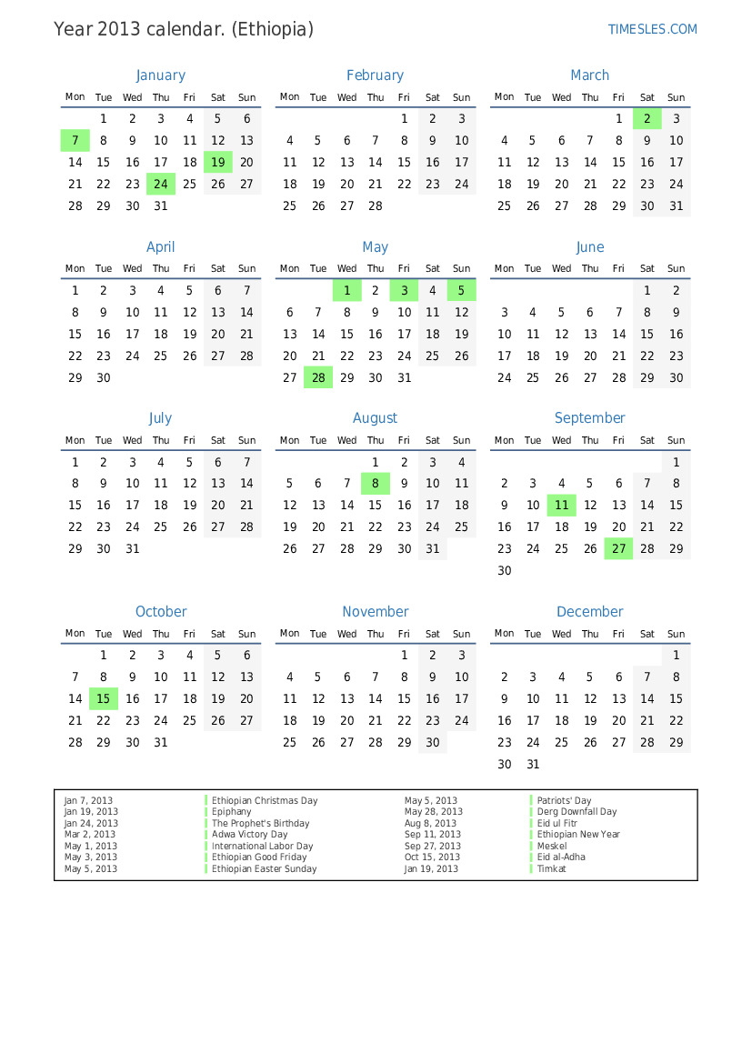 Ethiopian Calendar 2013 - Printable Calendar