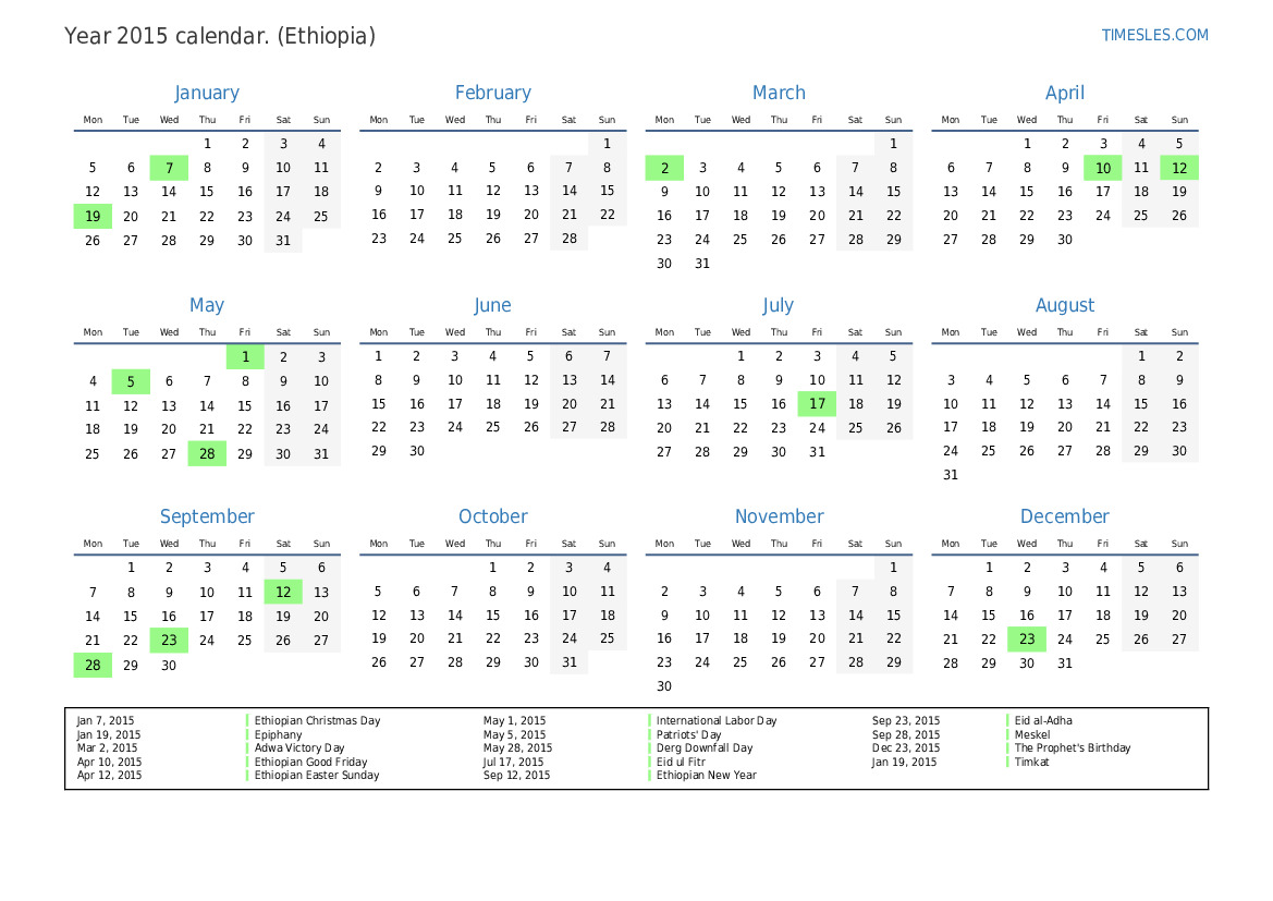 Calendar for 2015 with holidays in Ethiopia | Print and download calendar