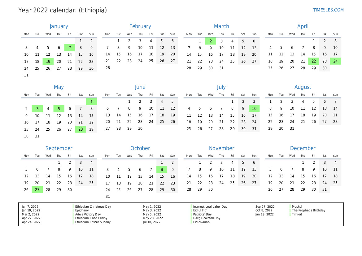 Calendar for 2022 with holidays in Ethiopia | Print and download calendar