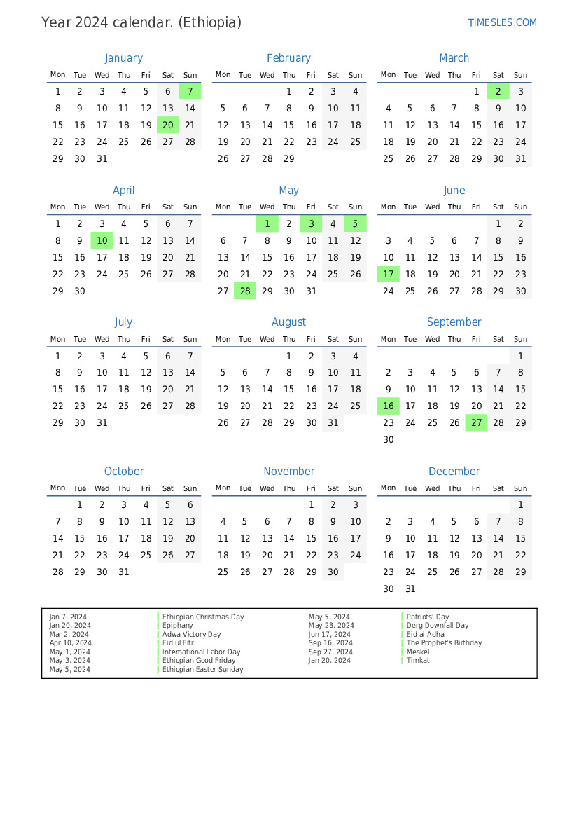 Calendar for 2024 with holidays in Ethiopia Print and download calendar