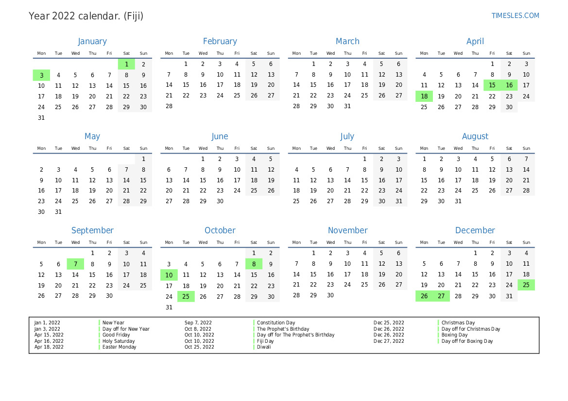 Calendar for 2022 with holidays in Fiji Print and download calendar