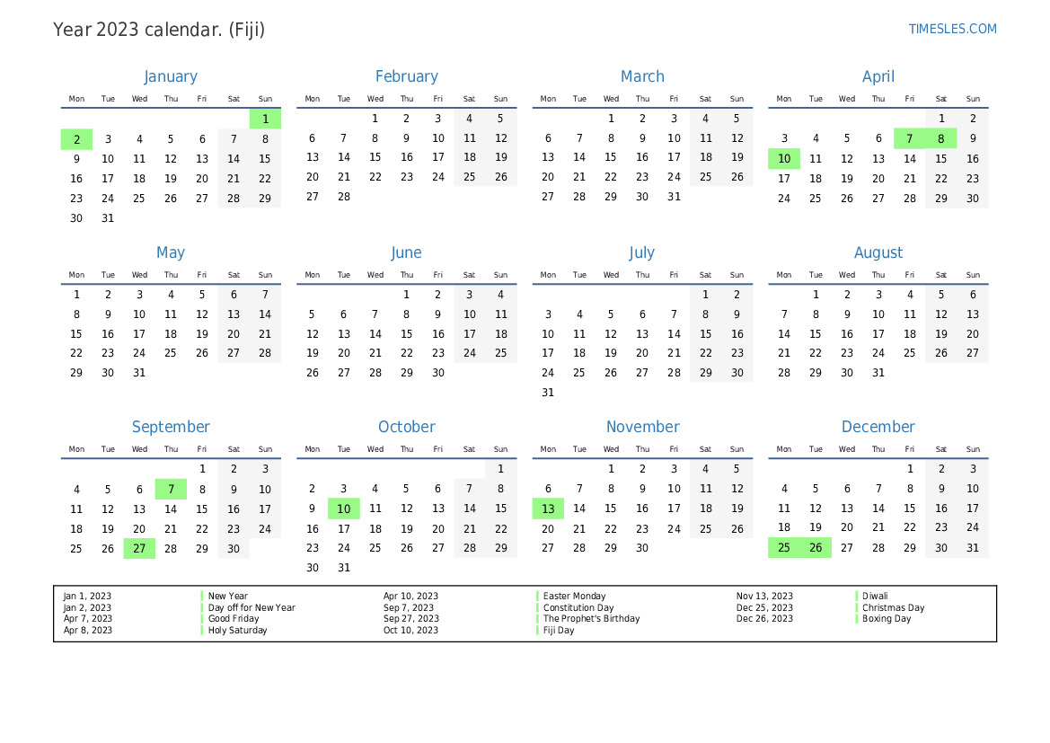 Calendar for 2023 with holidays in Fiji | Print and download calendar