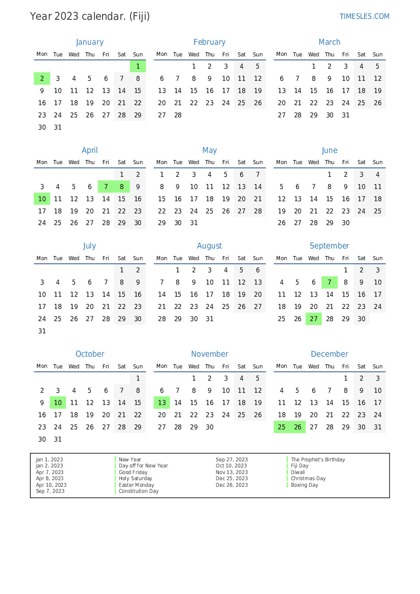 Calendar for 2023 with holidays in Fiji Print and download calendar
