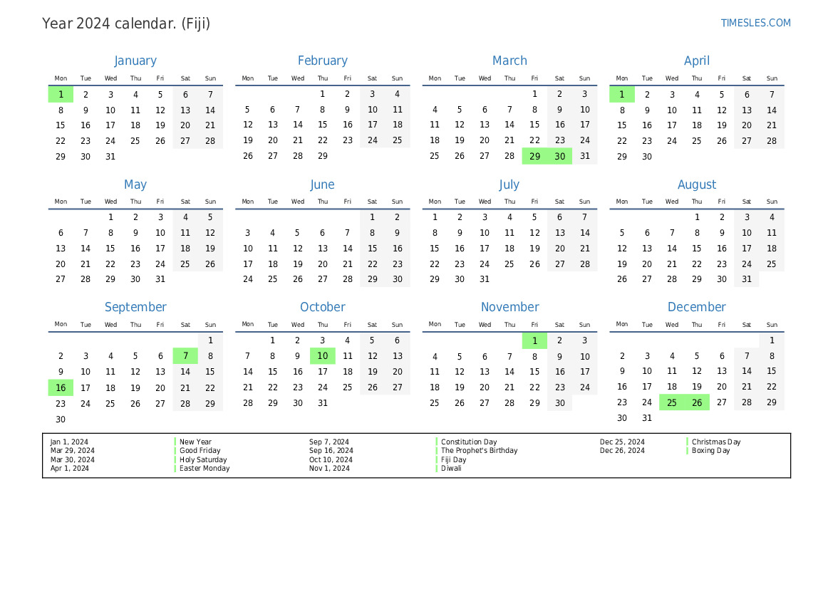 Calendar for 2024 with holidays in Fiji | Print and download calendar