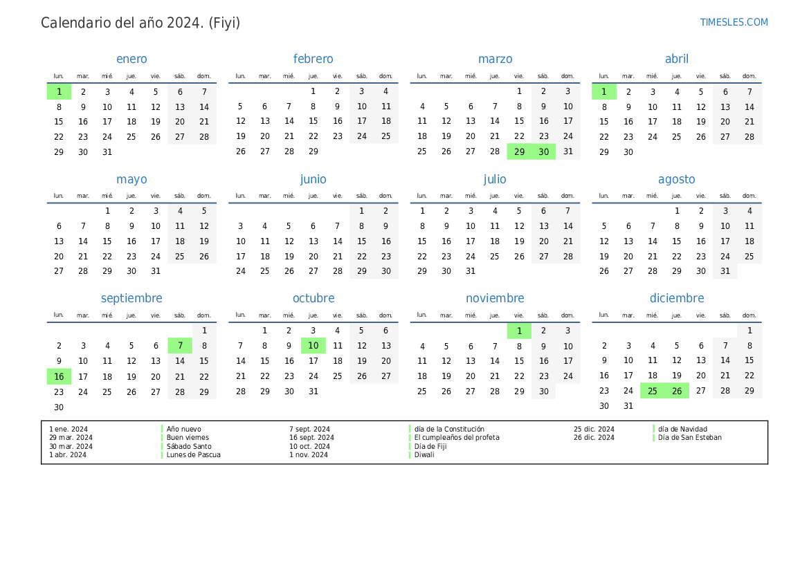 Calendario 2024 con días festivos en Fiji Imprimir y descargar calendario