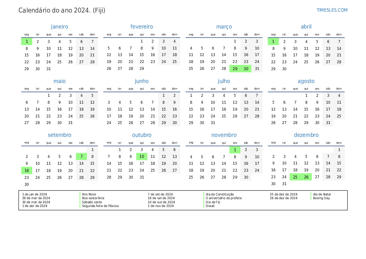 Calendário 2024 com feriados em Fiji Imprimir e baixar calendário