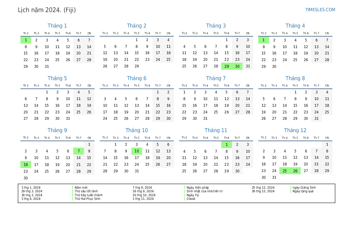 Lịch cho năm 2024 với các ngày lễ ở Fiji In và tải xuống lịch
