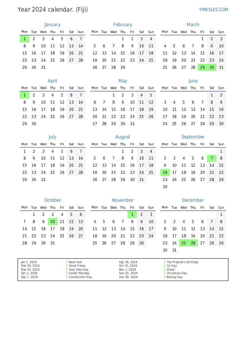 Calendar for 2024 with holidays in Fiji Print and download calendar