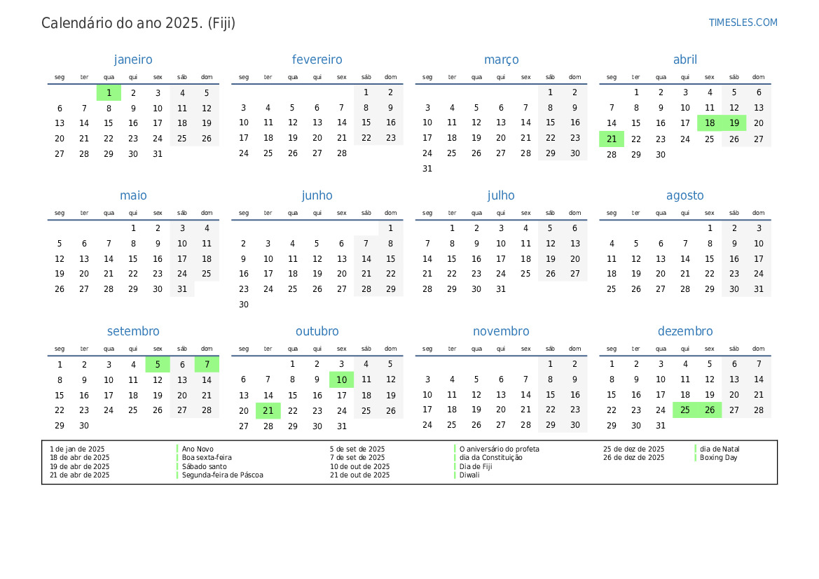 Calendário 2025 com feriados em Fiji Imprimir e baixar calendário