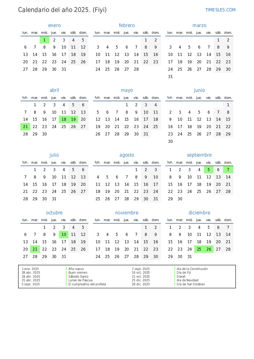 Calendario 2025 con días festivos en Fiji Imprimir y descargar calendario