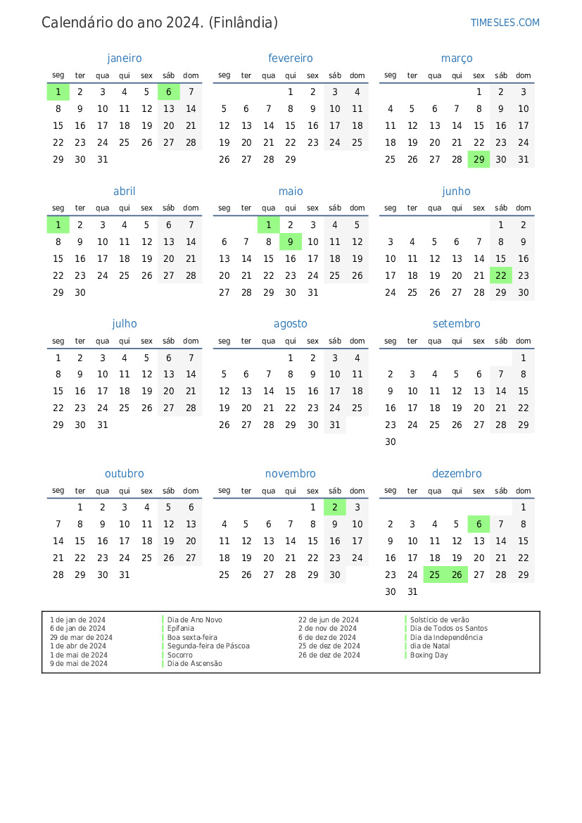 Calendário 2024 com feriados na Finlândia Imprimir e baixar calendário