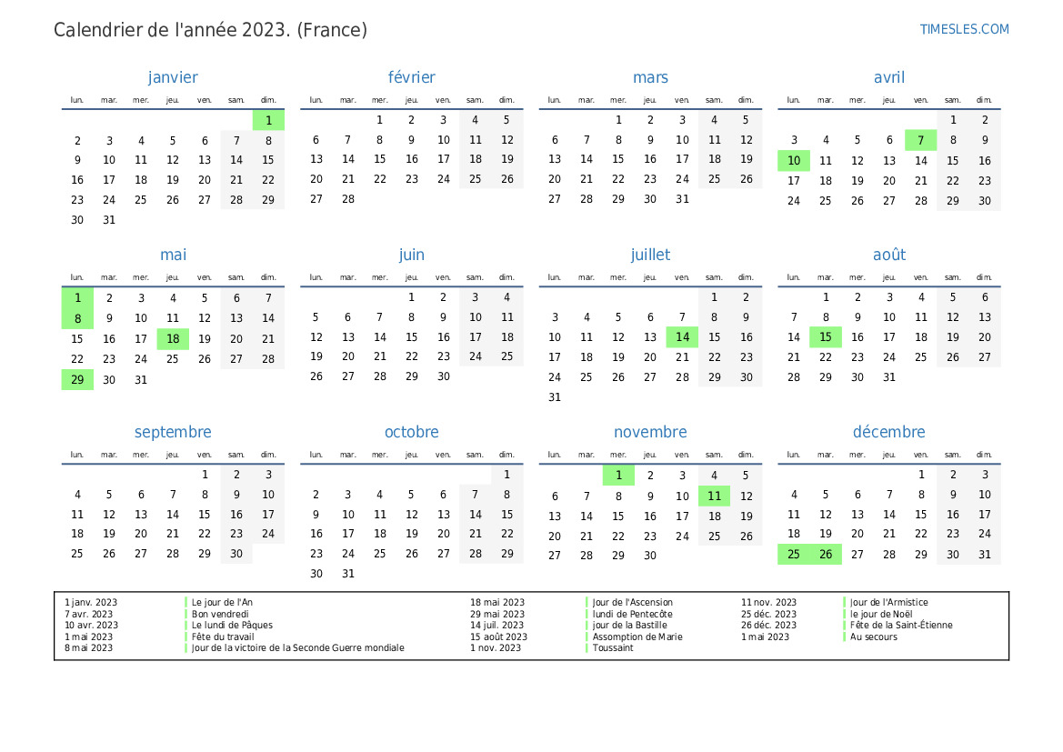Calendrier 2023 avec jours fériés En France | Imprimer et télécharger