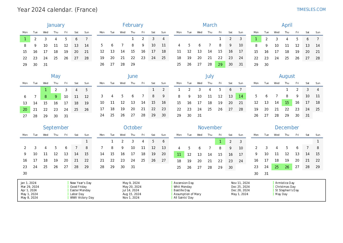 Calendar for 2024 with holidays in France Print and download calendar