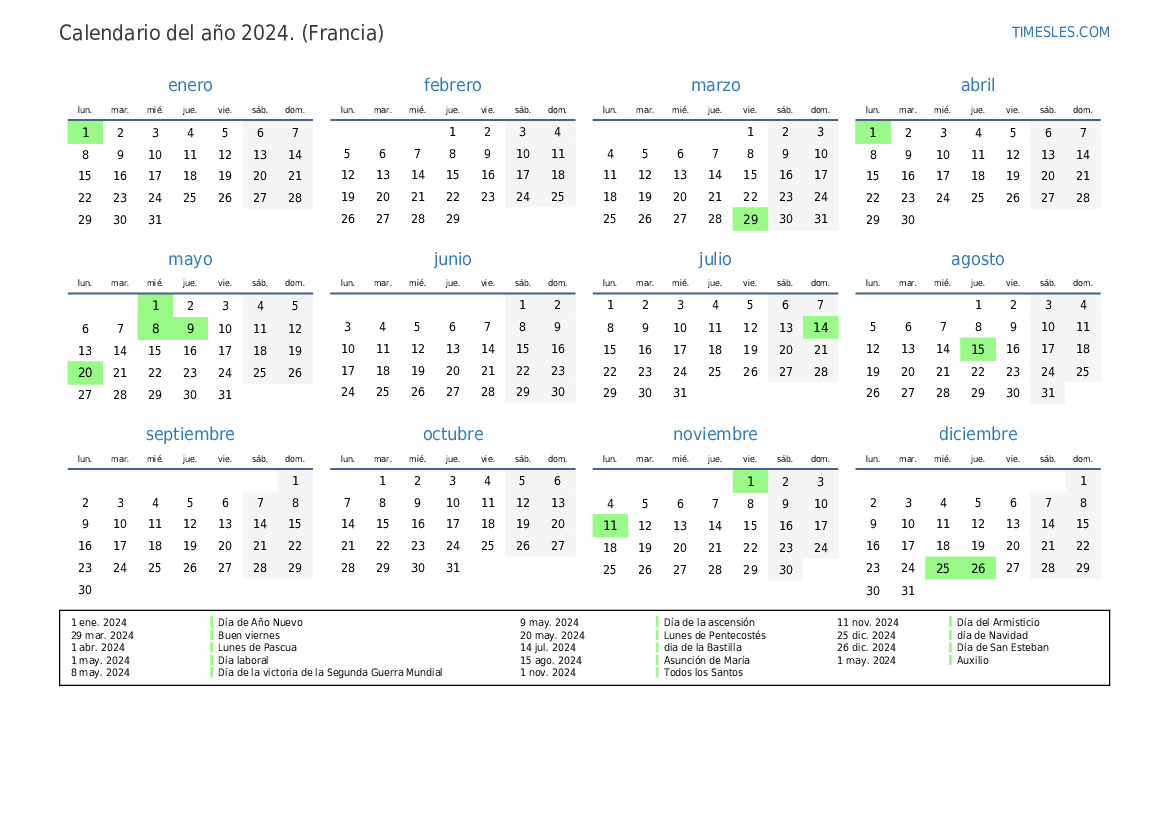 Calendario 2024 con días festivos en Francia Imprimir y descargar calendario