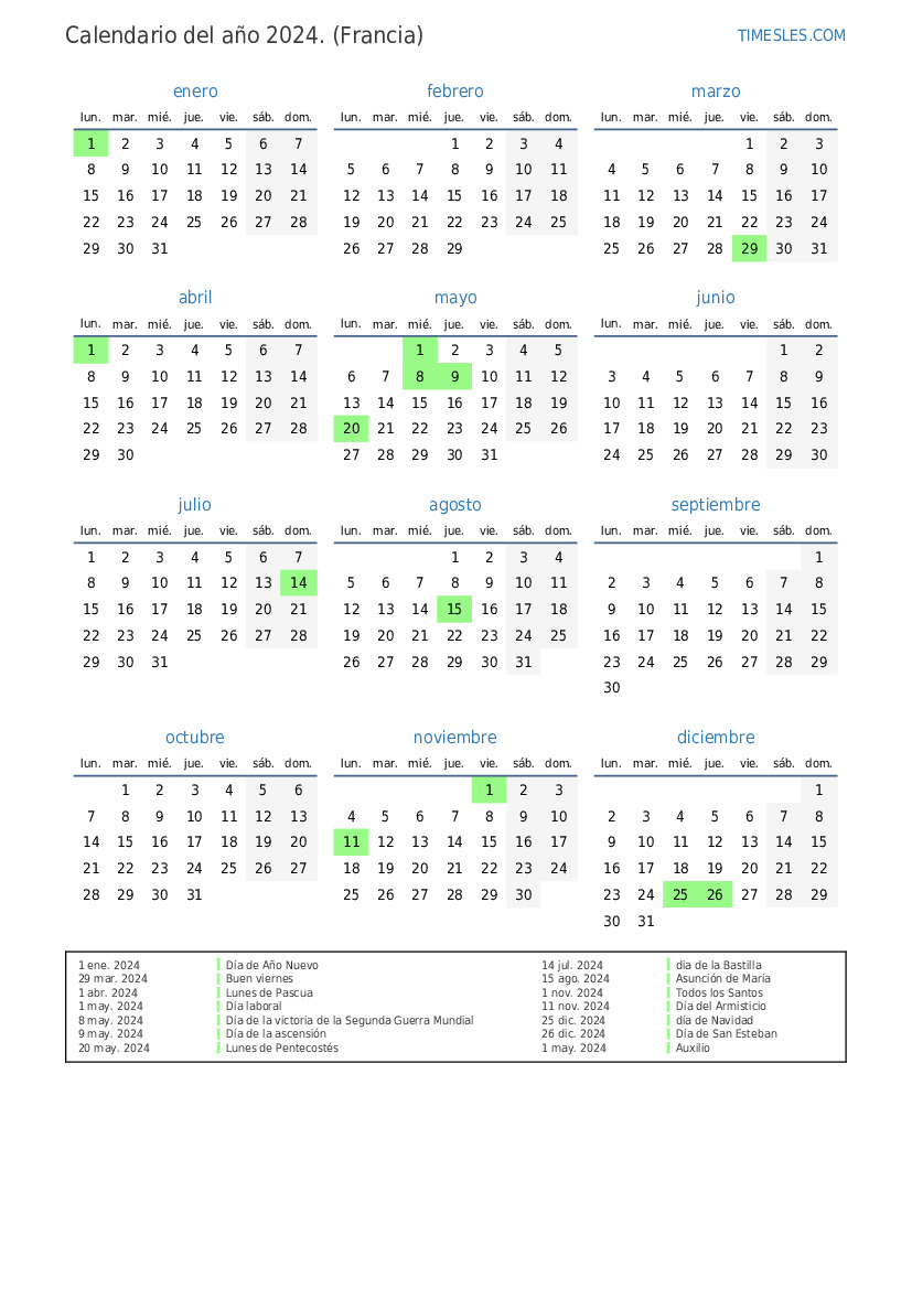 Calendario 2024 con días festivos en Francia Imprimir y descargar