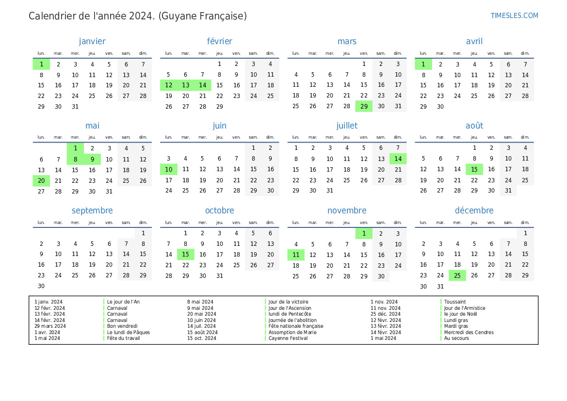 Calendrier 2024 avec jours fériés en Guyane française | Imprimer et ...