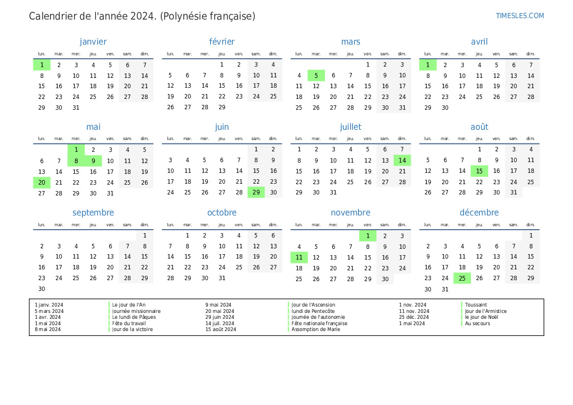 Calendrier 2024 avec jours fériés en Polynésie française Imprimer et