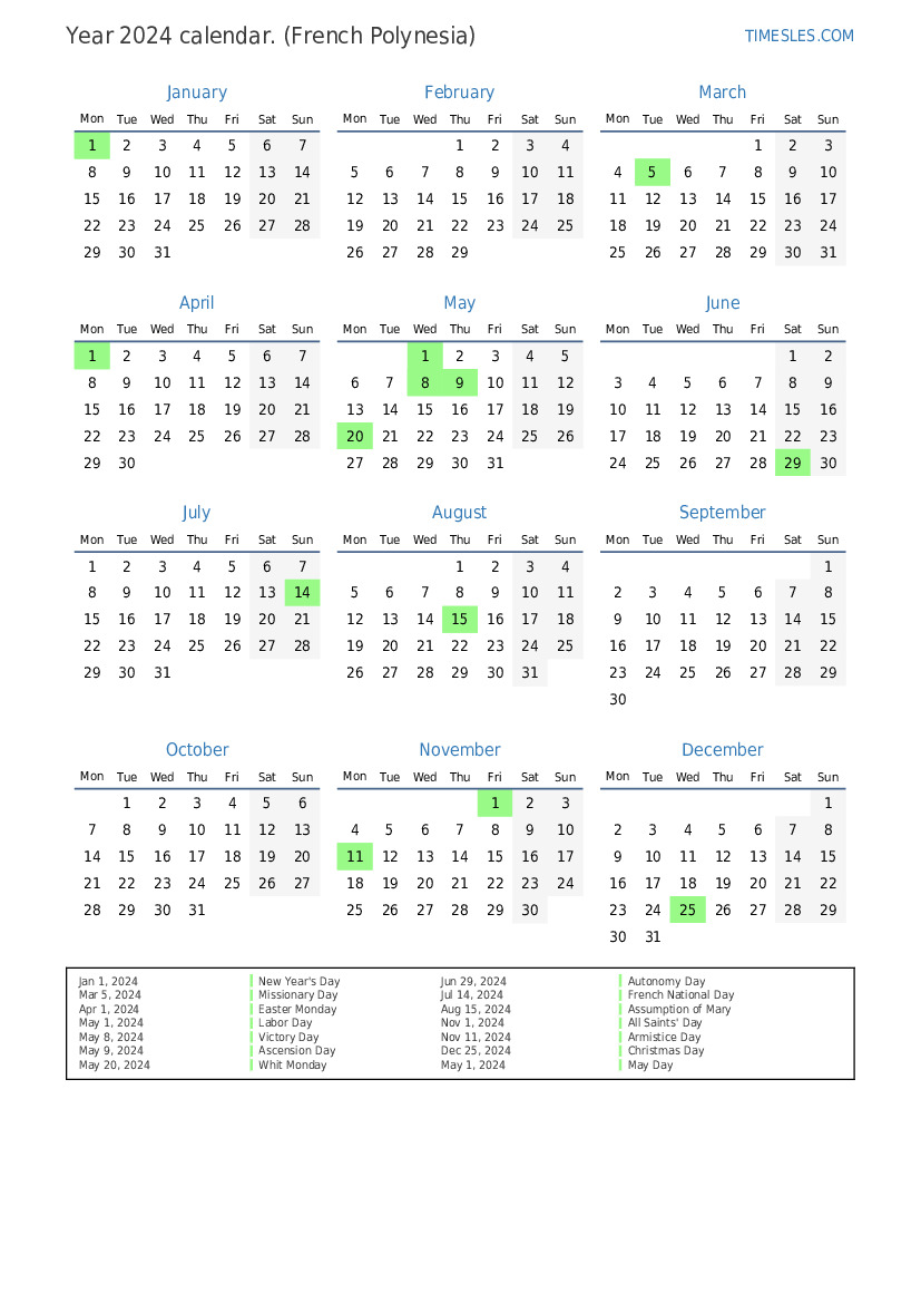 Calendar For 2024 With Holidays In French Polynesia Print And   Calendar Yearly 2024 P En French Polynesia 73 