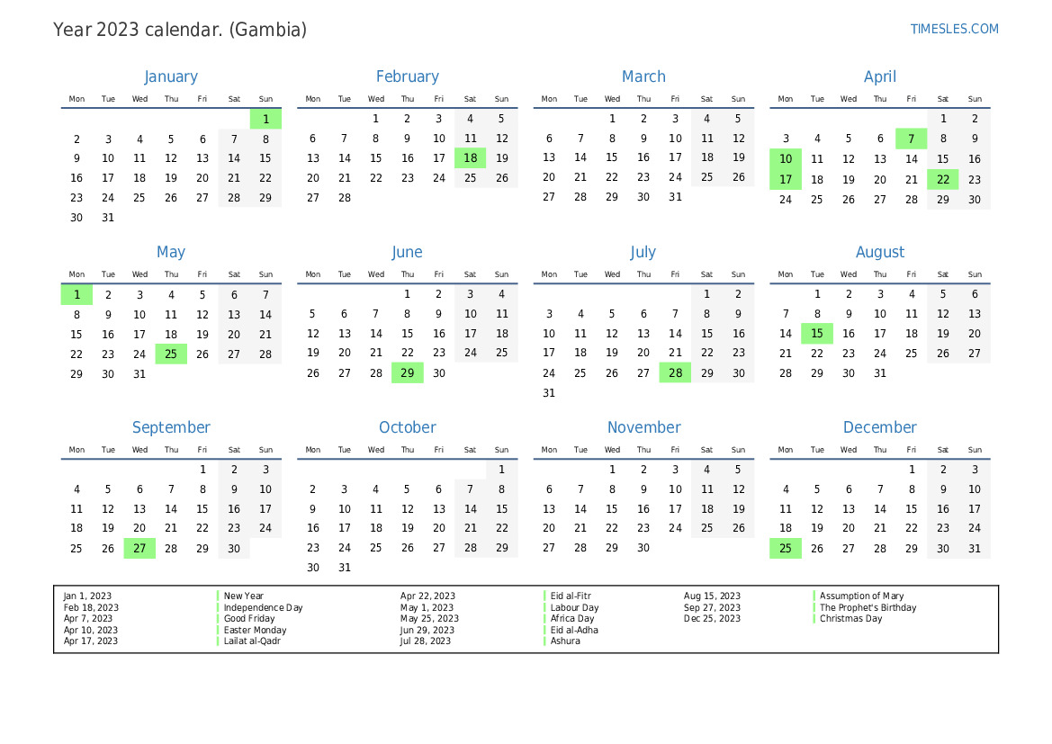 Calendar for 2023 with holidays in Gambia Print and download calendar