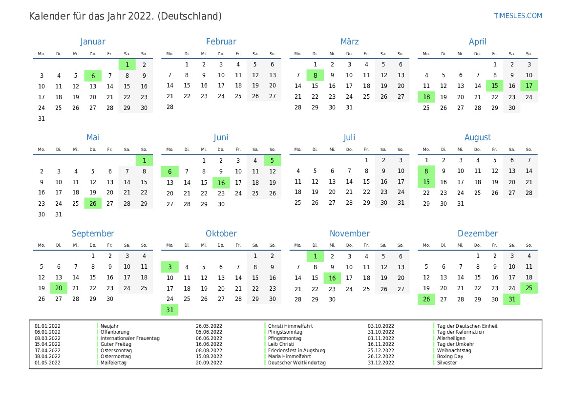 Kalender Für 2022 Mit Feiertagen In Deutschland Kalender Drucken Und