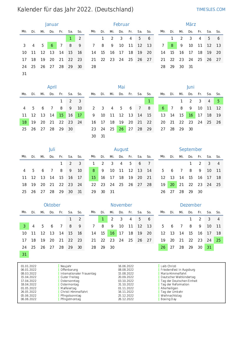 Kalender Für 2022 Mit Feiertagen In Deutschland Kalender Drucken Und