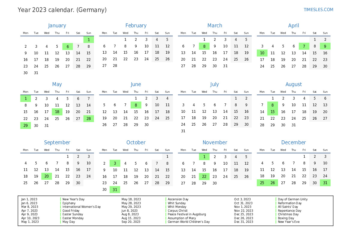 Calendar for 2023 with holidays in Germany Print and download calendar