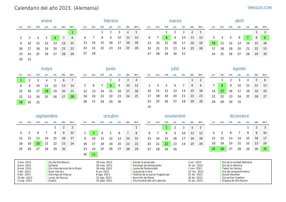 Calendario 2023 con días festivos en Alemania Imprimir y descargar