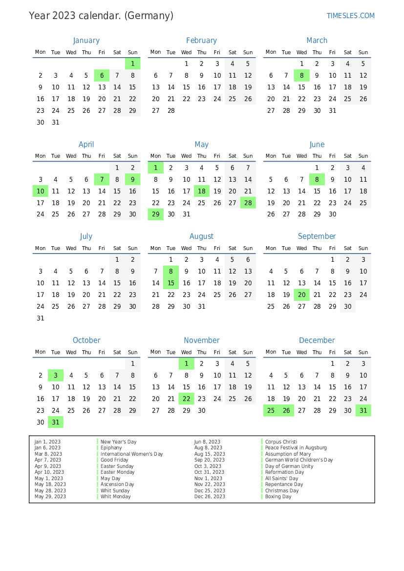 Calendar for 2023 with holidays in Germany Print and download calendar