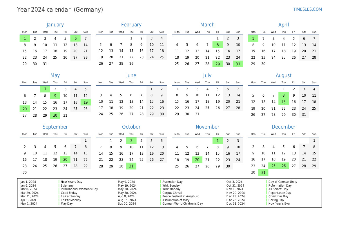 Calendar for 2024 with holidays in Germany Print and download calendar