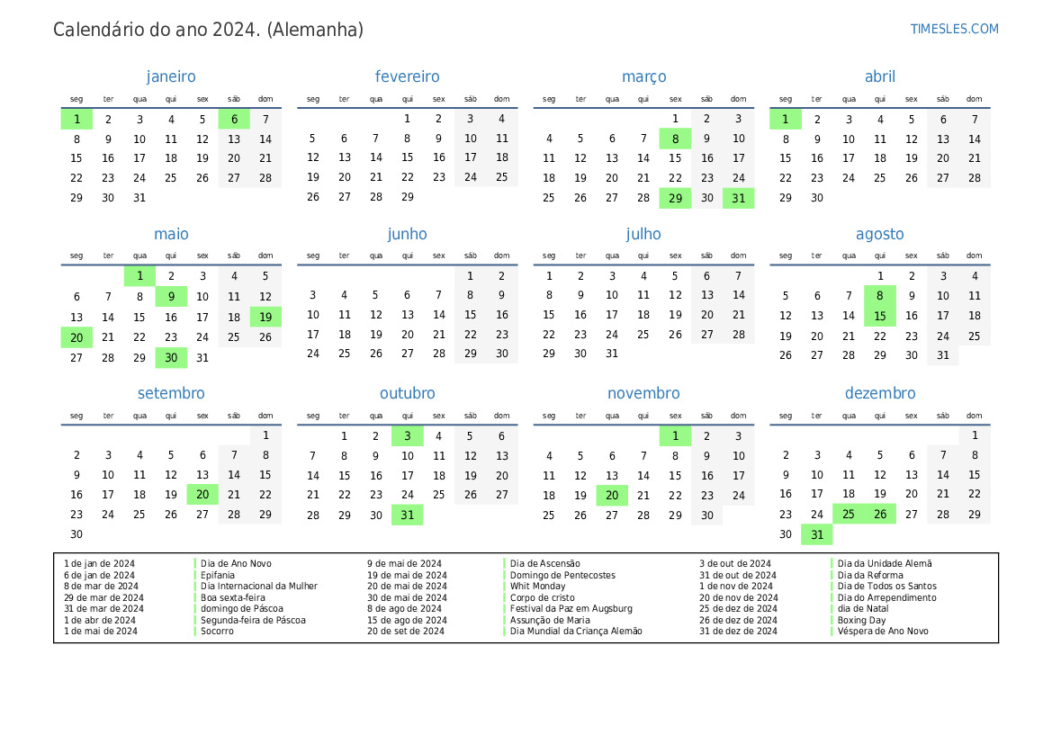 Calendário 2024 com feriados Na Alemanha Imprimir e baixar calendário