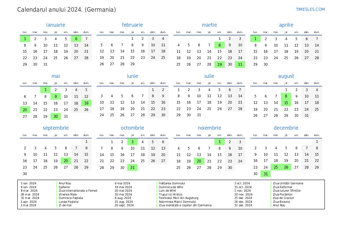 Calendar pentru anul 2024 cu sărbători în Germania Imprimați și