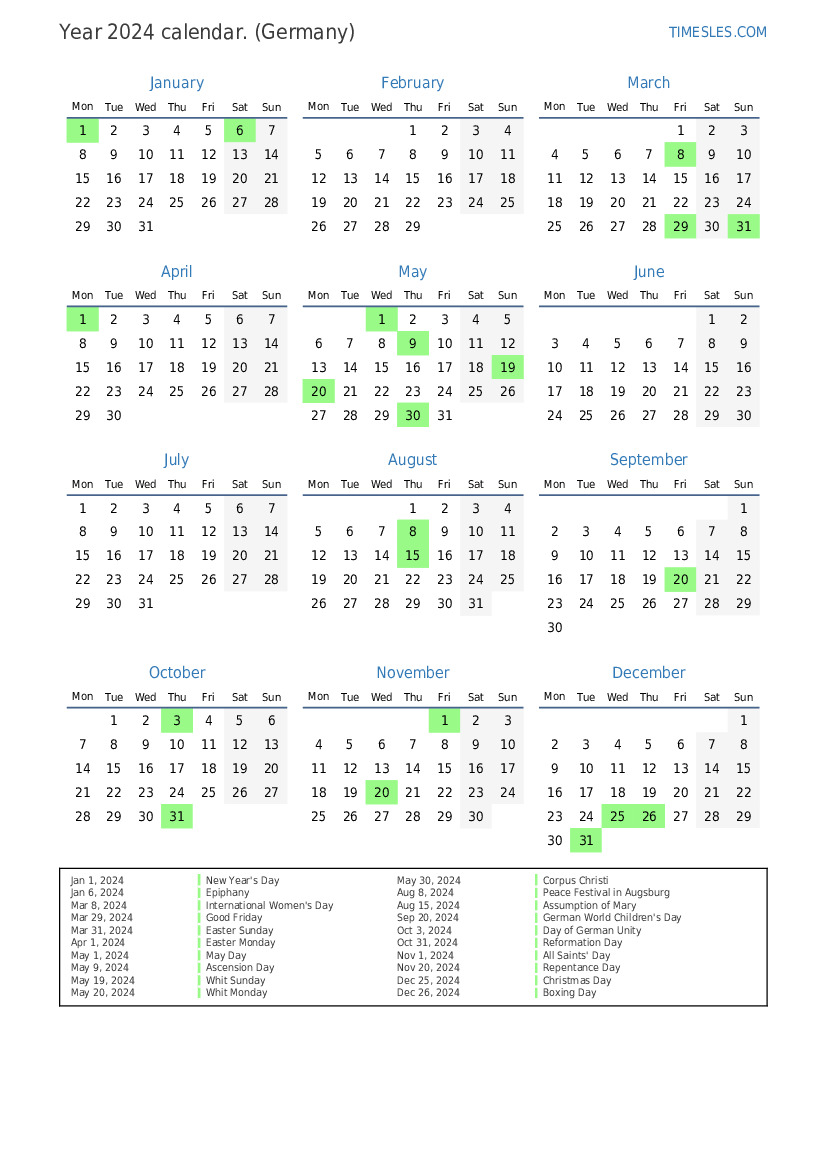 Calendar for 2024 with holidays in Germany Print and download calendar