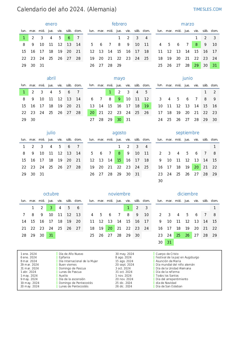 Calendario 2024 con días festivos en Alemania Imprimir y descargar