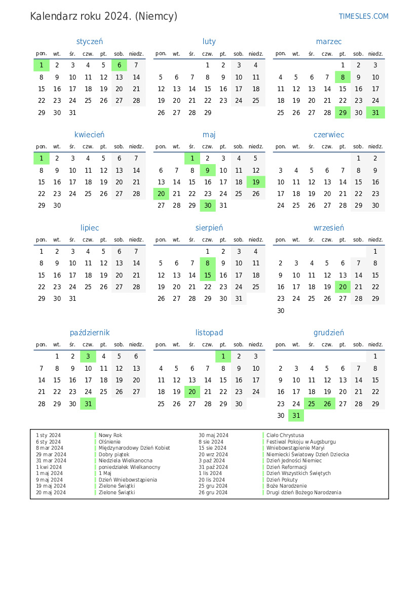 Kalendarz na 2024 rok z wakacjami w Niemczech | Wydrukuj i pobierz ...