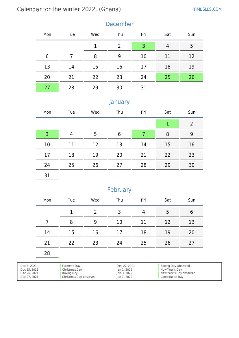 Calendar for 2022 with holidays in Ghana Print and download calendar