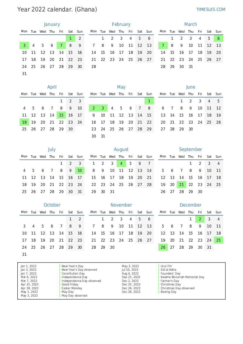 Calendar for 2022 with holidays in Ghana | Print and download calendar