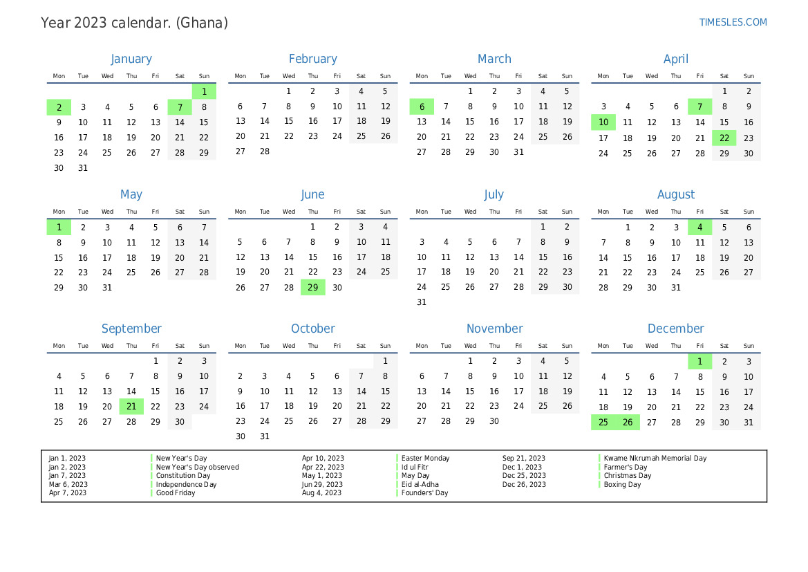 Calendar for 2023 with holidays in Ghana Print and download calendar