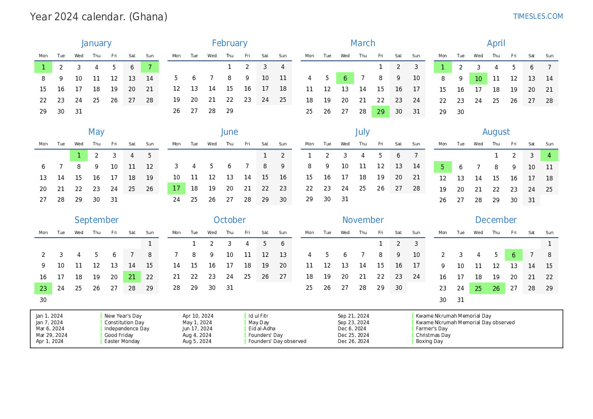 Calendar for 2024 with holidays in Ghana  Print and download calendar