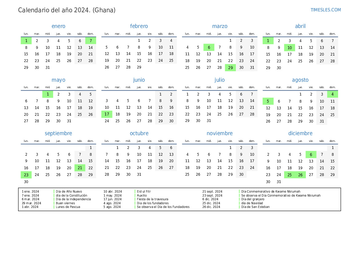 Calendario 2024 con días festivos en Ghana Imprimir y descargar